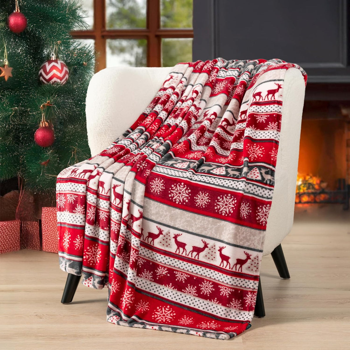Holiday Reindeer Snowflakes Fleece Throw Blanket | Soft, Plush, Warm Winter Cabin Throw, 50X60, Red