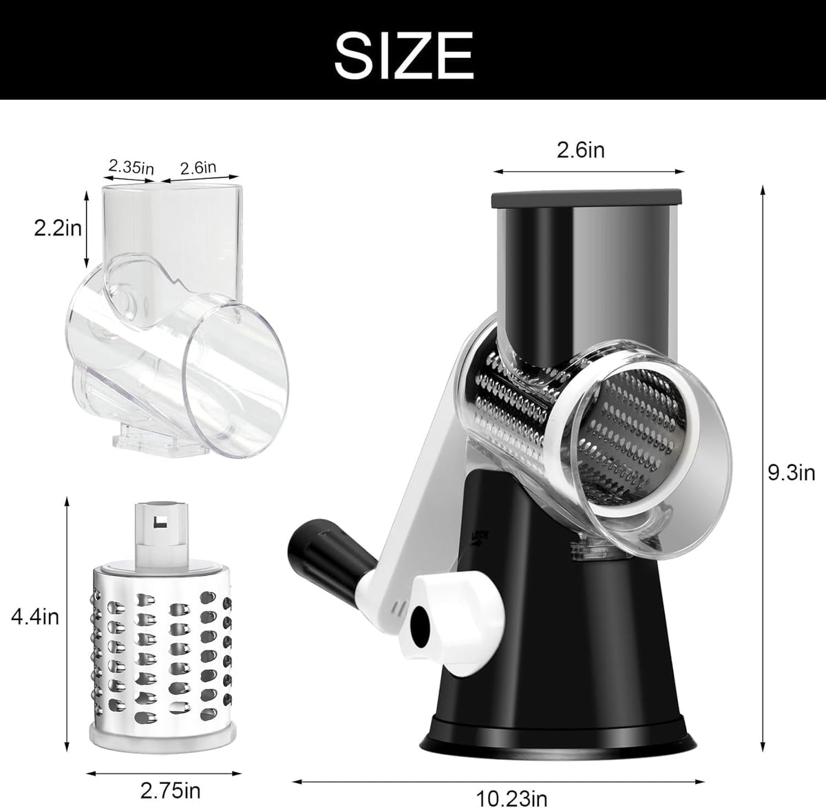 Rotary Cheese Grater Hand Crank Cheese Shredder for Fresh Cheese, Vegetable, Nuts,Non-Slip Suction Base, Three Blades, Black