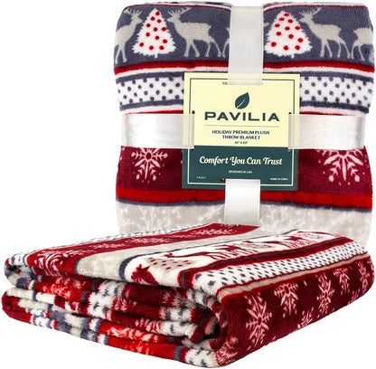 Holiday Reindeer Snowflakes Fleece Throw Blanket | Soft, Plush, Warm Winter Cabin Throw, 50X60, Red