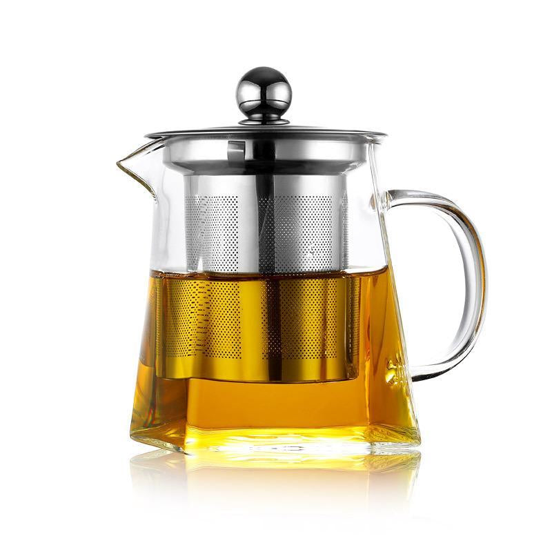 Glass Tea Pot with Removable Stainless Steel Filter & Handle, Clear Square Tea Pot & Tea Cup Set, Tea Making Tool for Home Office Use, Home Accessories, Kitchen Accessories