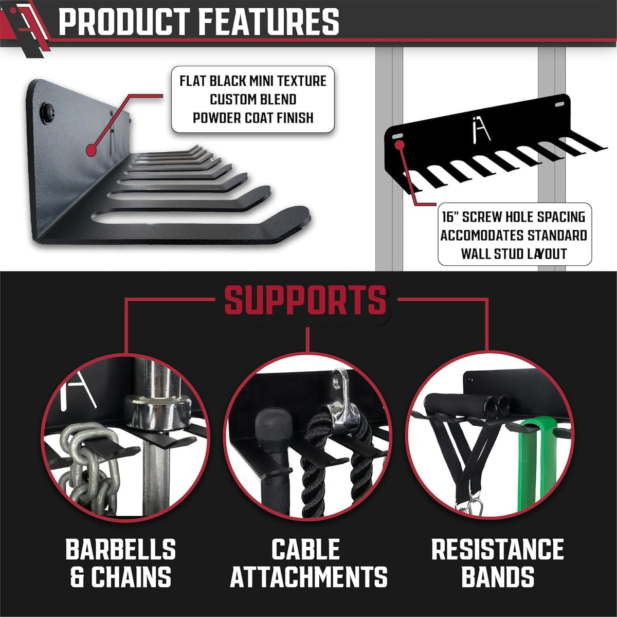USA Omega Beast Gym Storage Rack 11-Hook Heavy-Duty Gym Wall Organizer Gym Caddy Hanger - Gym Accessory Storage - Resistance Bands, Jump Ropes, Barbells, Lifting Belts, Cable Attachments