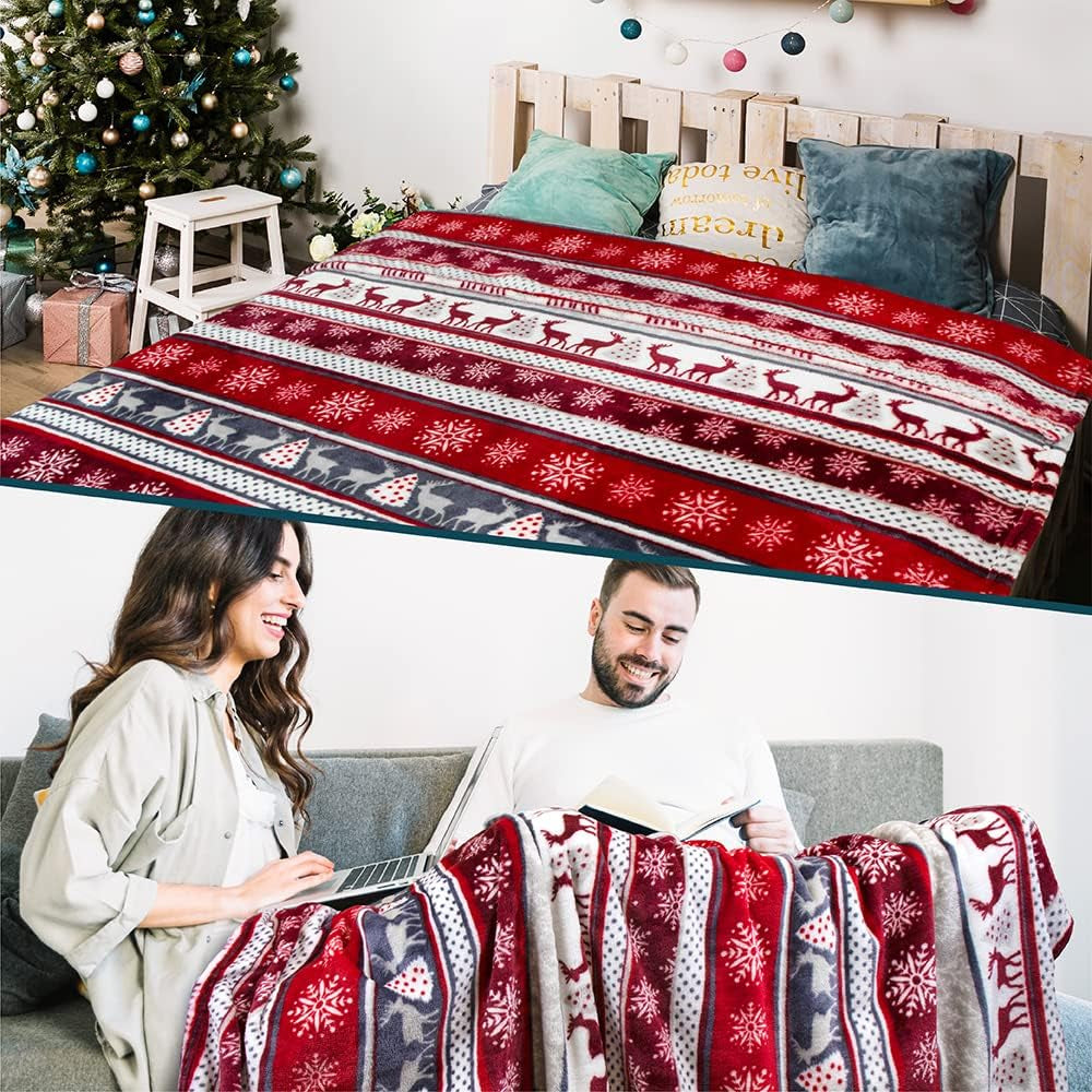 Holiday Reindeer Snowflakes Fleece Throw Blanket | Soft, Plush, Warm Winter Cabin Throw, 50X60, Red